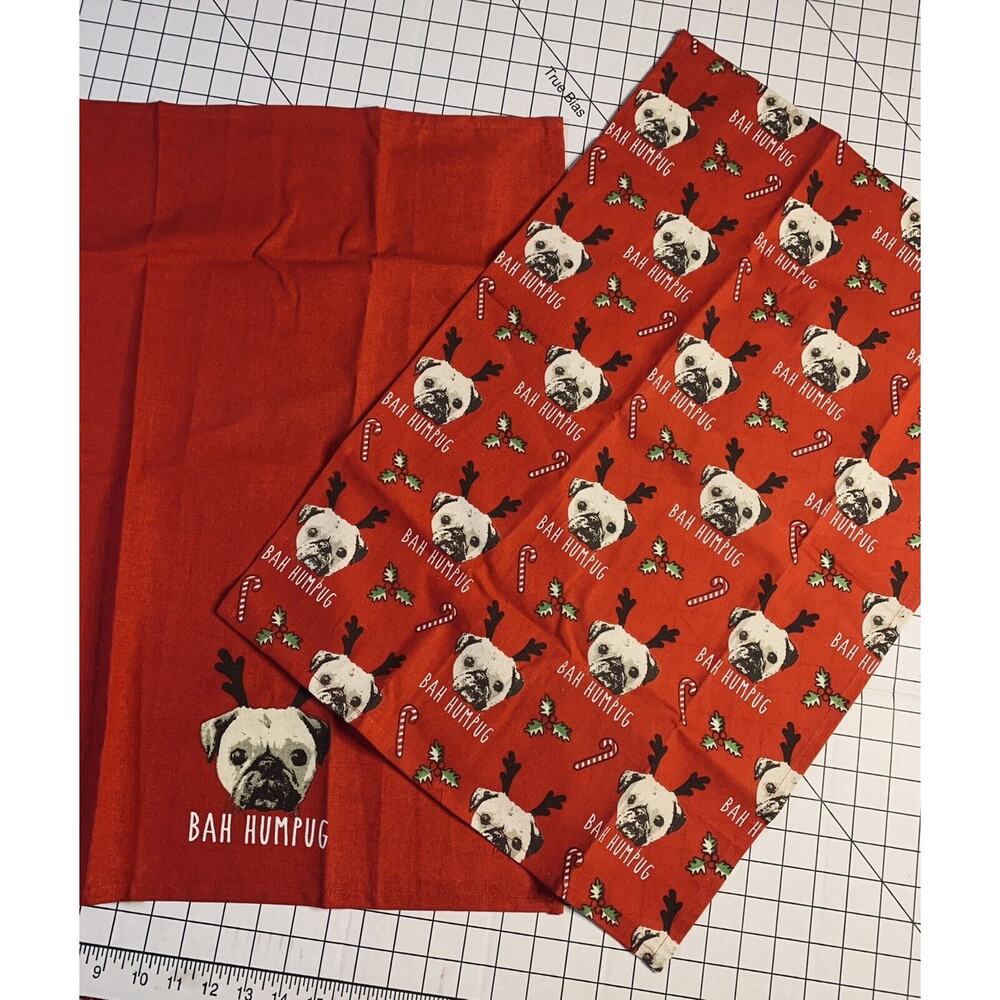 Pug Cooksmart Tea Towels Bah Humpug Cotton Unused No Tags or Pkg Red Christmas